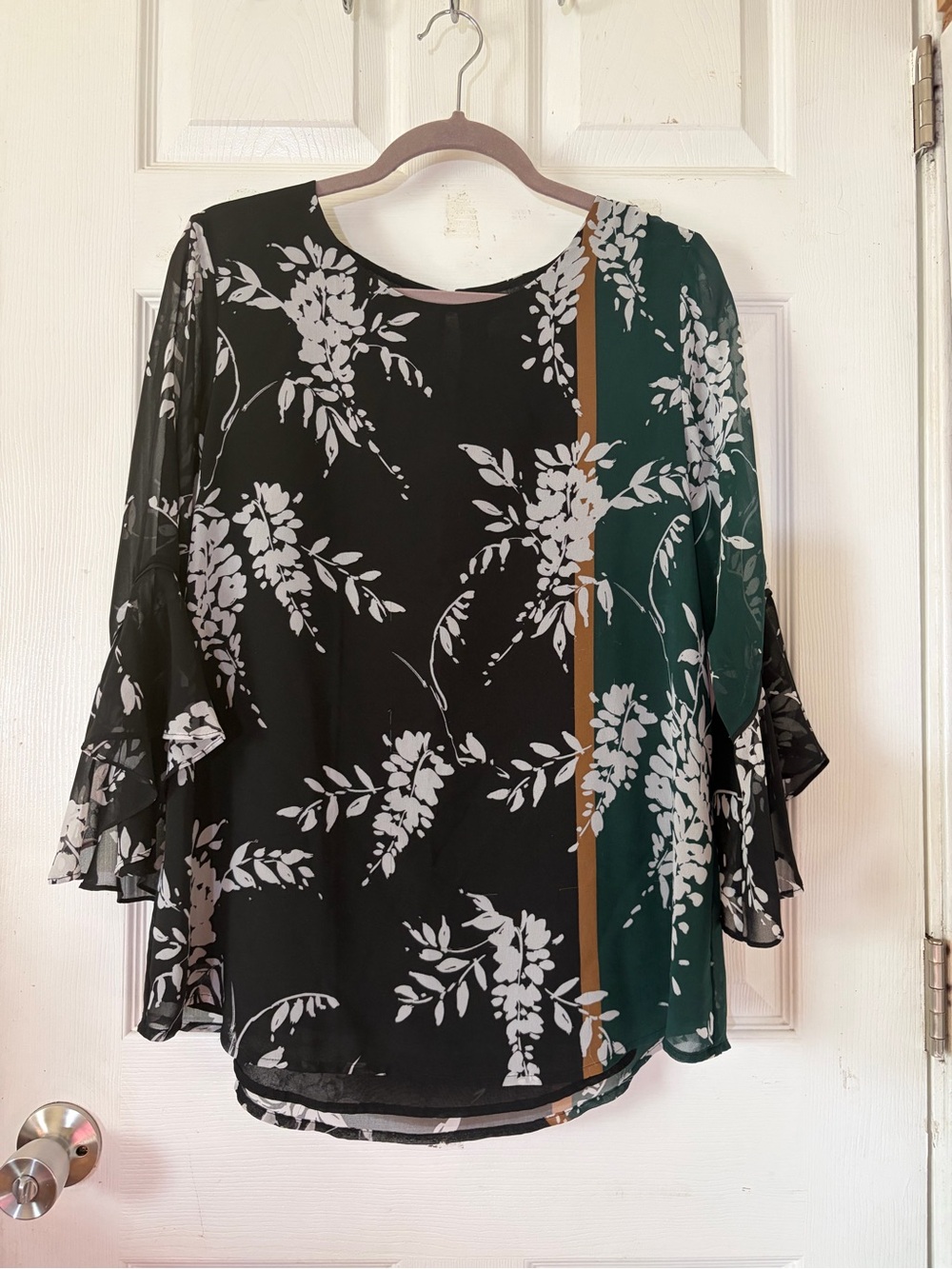 Calvin Klein Black Floral Split-Panel Chiffon Blouse Sz L/G